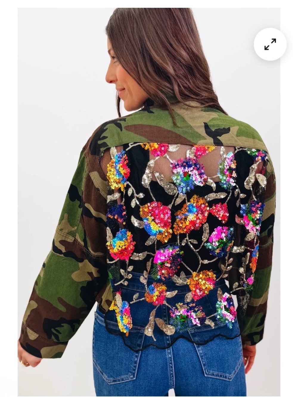 Camouflage Jacket with Multicolor Sequin Floral Back